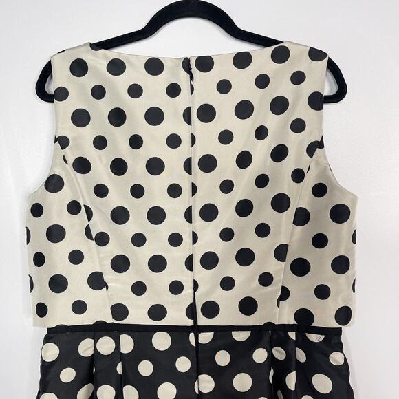 Tahari Size 12 Cream Black Polka Dot Contrast Sheath Dress Pockets Sleeveless - Picture 7 of 12